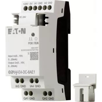 Eaton EASY-E4-DC-6AE1 Módulo de controlo PLC, 12/24 V DC, 6 entradas digitais, 2 entradas analógicas, 4 saídas de relé, expansível, LCD integrado