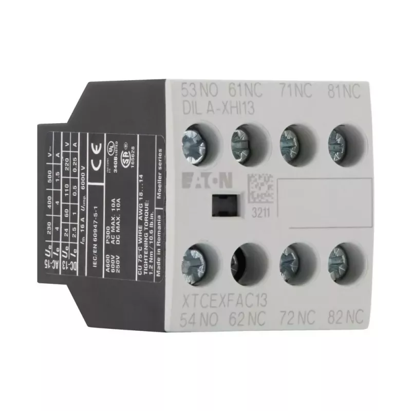 Eaton DILA-XHI13 bloco de contactos auxiliares, tetrapolar, 1NO+3NC, terminais de parafuso, montagem frontal, para contactores DILM7-DILM38, preto/branco 276425