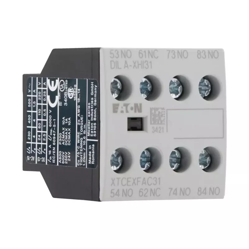 Eaton DILA-XHI31 bloco de contactos auxiliares, 3 NO + 1 NC, terminais de parafuso, montagem frontal, preto/branco 276427