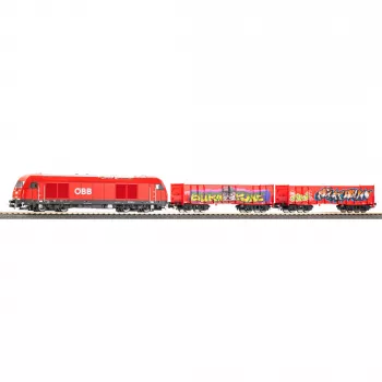 PIKO 57033 H0 conjunto de início para crianças comboio de mercadorias ÖBB Rh 2016 com duas carruagens Eaos abertas