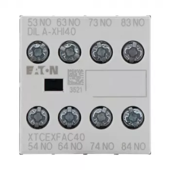 Bloco de contactos auxiliares Eaton DILA-XHI40, 4 NA, montagem frontal, terminais de parafuso, preto/branco 276428