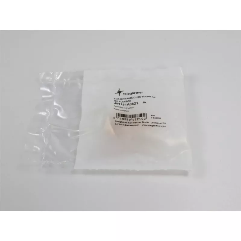 Telegärtner SMA conector fêmea de encastrar, flange, dourado, 50 Ohm, pack de 5 J01151A0621