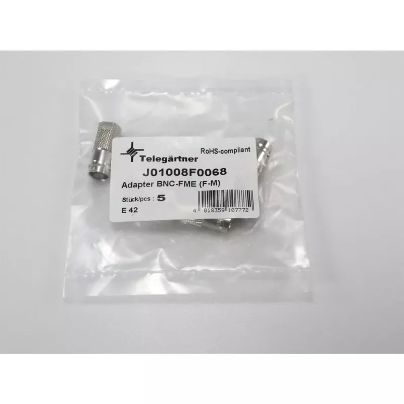 Adaptador coaxial TELEGÄRTNER J01008F0068 BNC fêmea para FME macho, 50 Ohm, reto, latão niquelado