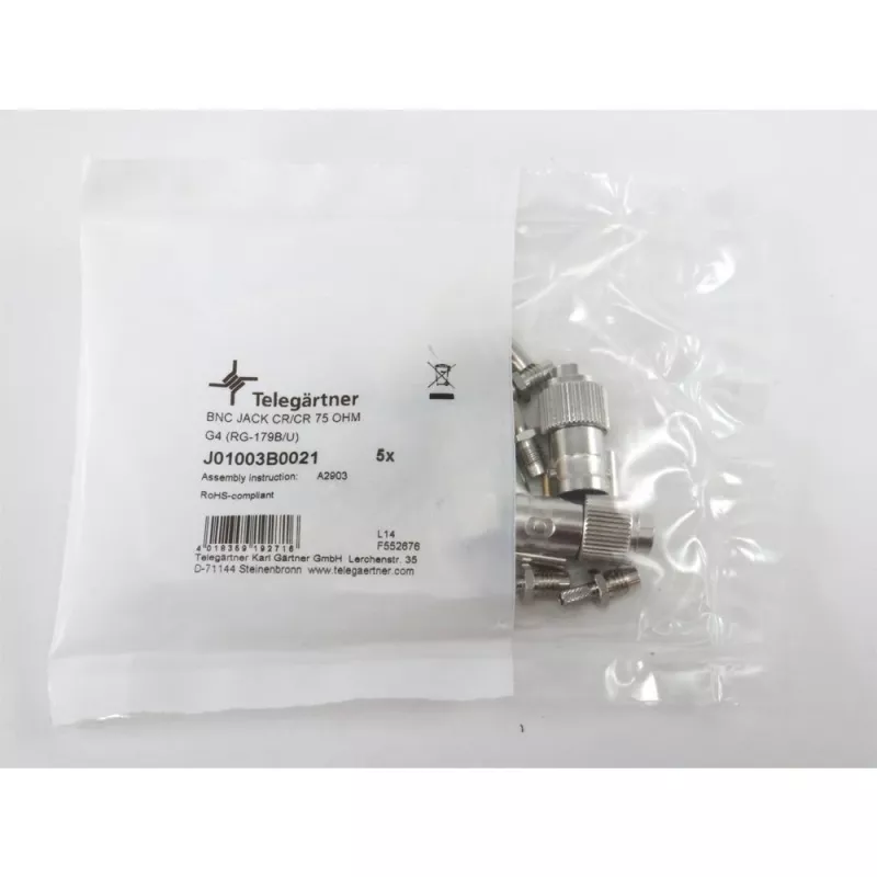 Conector fêmea de cabo BNC Telegärtner crimp G04 75 Ohm para RG-179B/U, pack de 5 J01003B0021