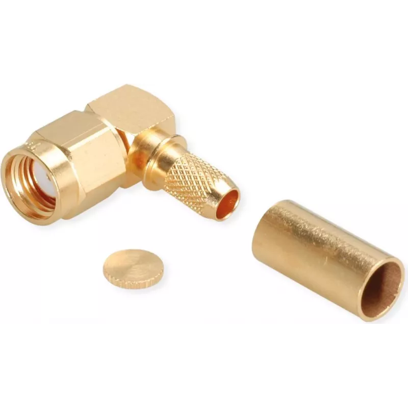 TELEGÄRTNER conector macho angular RP-SMA crimp para RG-58C/U, 50 Ohm, dourado