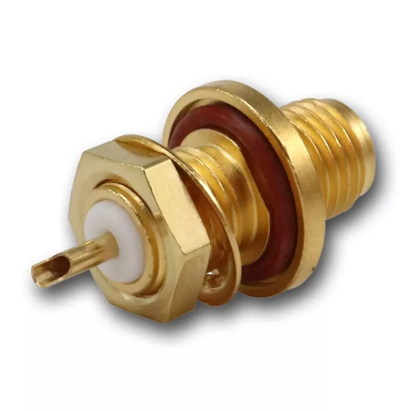 Conector fêmea SMA de embutir Telegärtner, montagem frontal, anel de vedação, Z27, dourado, pack de 5 (J01151A1081)