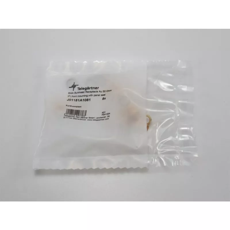 Conector fêmea SMA de embutir Telegärtner, montagem frontal, anel de vedação, Z27, dourado, pack de 5 (J01151A1081)