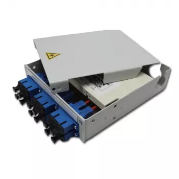 Telegärtner STX distribuidor de fibra ótica para calha DIN, 6x SC duplex monomodo, cassete de fusão de 12 fibras, pigtails, pronto a fusionar H82050E0002