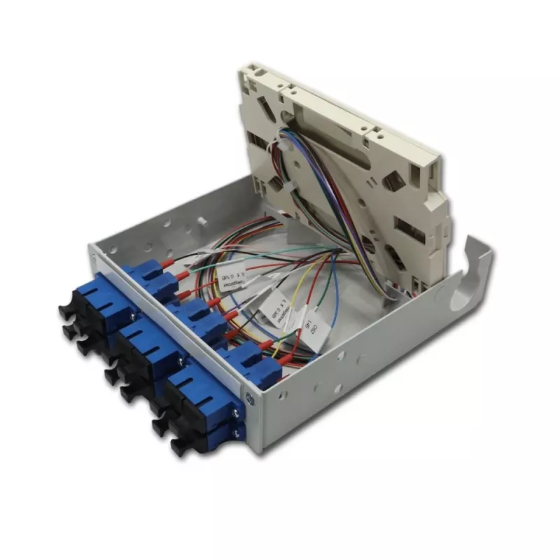 Telegärtner STX distribuidor de fibra ótica para calha DIN, 6x SC duplex monomodo, cassete de fusão de 12 fibras, pigtails, pronto a fusionar H82050E0002
