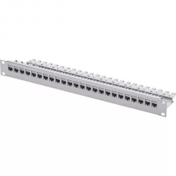 Telegärtner Patch panel de 24 portas Cat.6 UTP, 1U montável em rack 19 polegadas, Cinzento claro RAL 7035