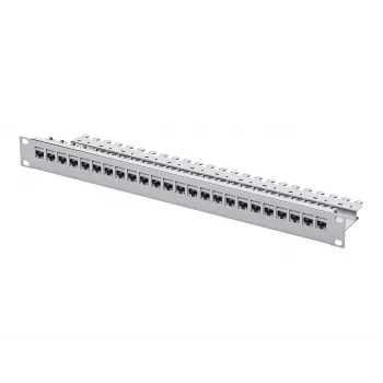 Telegärtner Patch panel de 24 portas Cat.6 UTP, 1U montável em rack 19 polegadas, Cinzento claro RAL 7035