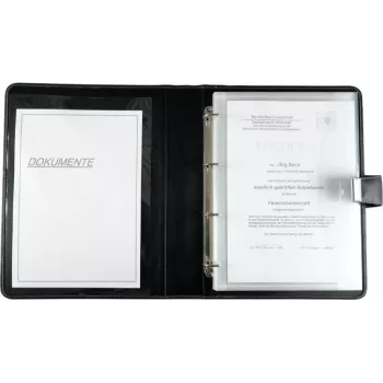 Dossier A4 JÜSCHA Alassio com mecanismo de anilhas, pele sintética, preto, 5 capas de documentos 31514