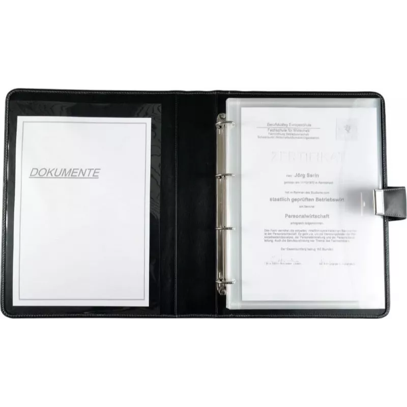 Dossier A4 JÜSCHA Alassio com mecanismo de anilhas, pele sintética, preto, 5 capas de documentos 31514