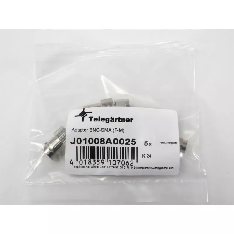 Telegärtner Adaptador coaxial de RF conector fêmea BNC para ficha SMA, 50 Ohm, DC-4 GHz, latão niquelado, J01008A0025