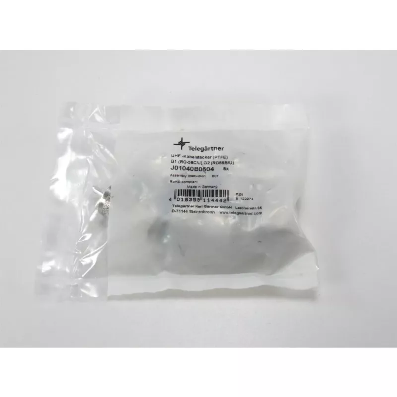 Ficha UHF macho Telegärtner PL259/6 para RG-58 C/U e RG-59 B/U, isolamento PTFE, caixa niquelada, contacto prateado, pack de 5 (J01040B0604)