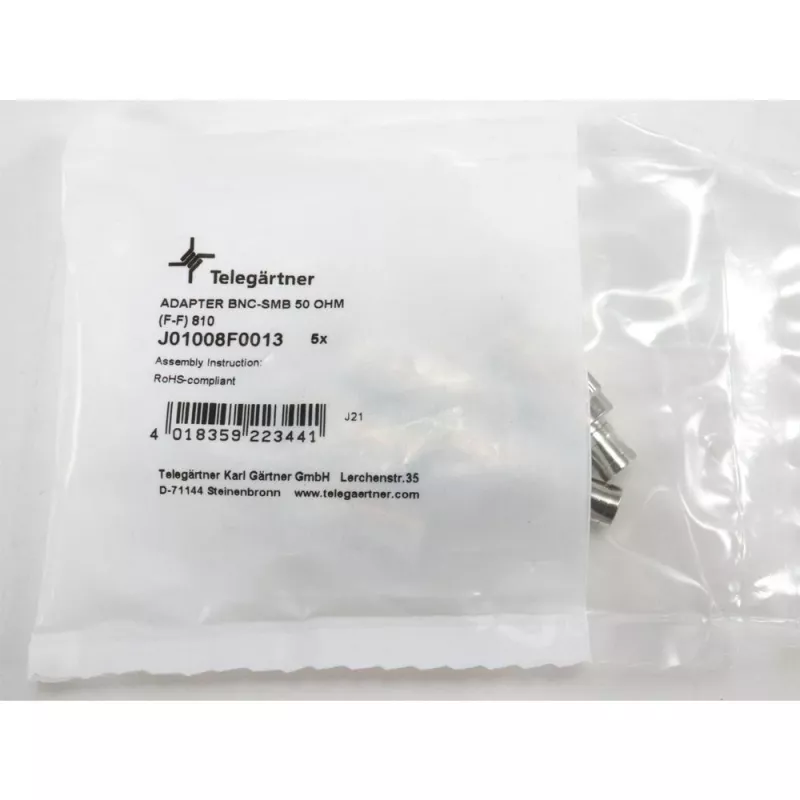 Adaptador coaxial TELEGÄRTNER BNC fêmea para SMB fêmea, 50 Ohm, reto, latão niquelado, contactos dourados J01008F0013