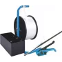 Banholzer & Wenz Conjunto de cintagem em poliéster, distribuidor móvel, 19 mm x 600 m, com 1000 fechos de arame 17066