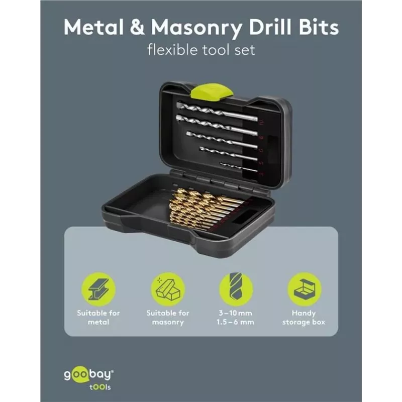 Goobay conjunto de 17 peças de brocas para metal e pedra com pontas de aparafusar em estojo robusto 77848