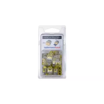 HellermannTyton HelaCon Plus Mini HCPM-2 Conector de encaixe, 2 polos, 0,5-2,5mm², transparente/amarelo, pack de 20 148-90054