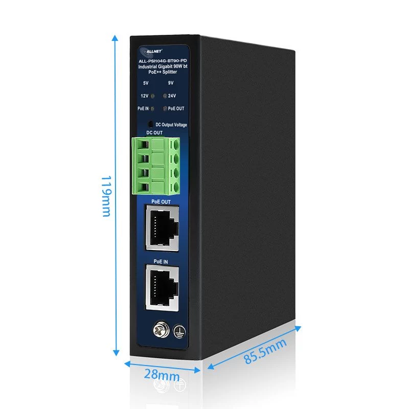 ALLNET splitter/extrator PoE industrial IEEE 802.3bt Type 4, 90W, saída selecionável 5V/9V/12V/24V, Gigabit Ethernet, montagem em calha DIN/parede (ALL-PSI104G-BT90-PD)