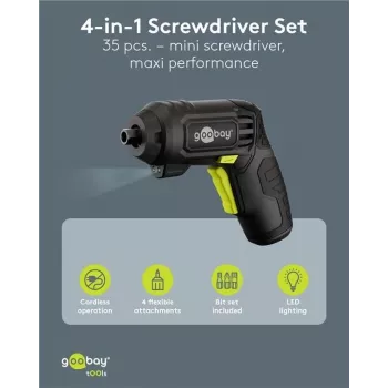 Goobay 77817 Conjunto de chave de fendas mini com bateria 4 em 1, 35 peças, formato pistola, com 4 pontas