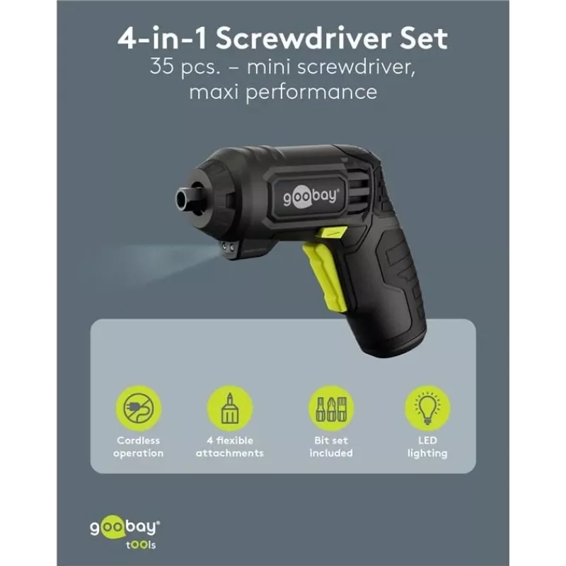 Goobay 77817 conjunto de mini aparafusadora a bateria 4 em 1, 35 peças, forma de pistola, com 4 acessórios