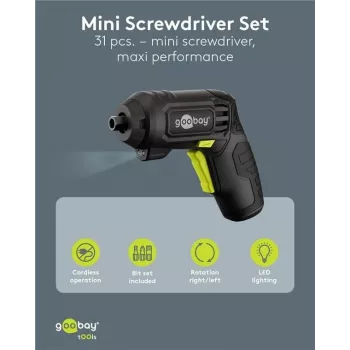 Goobay Conjunto de chave de fendas mini com bateria 31 peças punho tipo pistola com 28 bits e função de carregamento Micro-USB (77818)