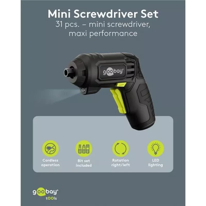 Goobay Conjunto de chave de fendas mini com bateria 31 peças punho tipo pistola com 28 bits e função de carregamento Micro-USB (77818)