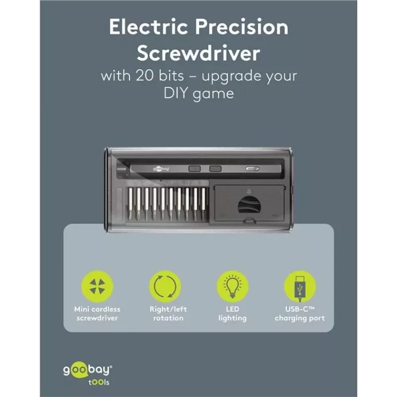 Goobay 77838 chave de fendas de precisão elétrica com bateria, 20 peças, LED