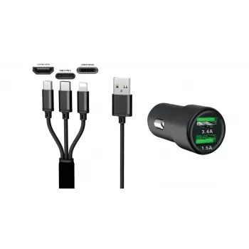 IWH Carregador de automóvel USB duplo 3-em-1 12/24V 3,4A preto (19061)
