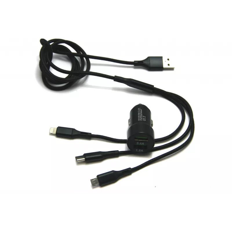 IWH Carregador de automóvel USB duplo 3-em-1 12/24V 3,4A preto (19061)