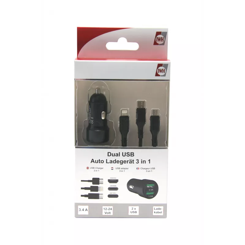 IWH Carregador de automóvel USB duplo 3-em-1 12/24V 3,4A preto (19061)