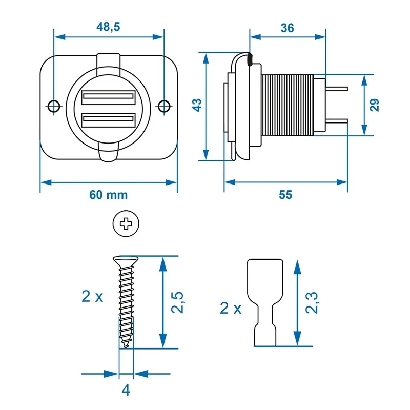 IWH Tomada dupla USB embutida 12/24V 2,1A 2x USB-A preto 019006