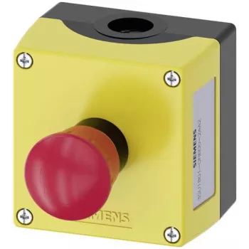 Siemens SIRIUS ACT 3SU18010NB002AA2 caixa completa para montagem no solo, 1 botão de paragem de emergência, desbloqueio rotativo, vermelho, amarelo