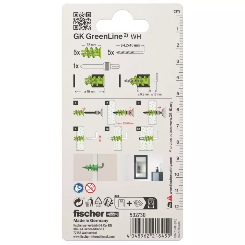 Bucha para pladur Fischer 532730 GK Green WH K NV 22 mm, 50 buchas e 50 parafusos, 4,5 x 35 mm, verde