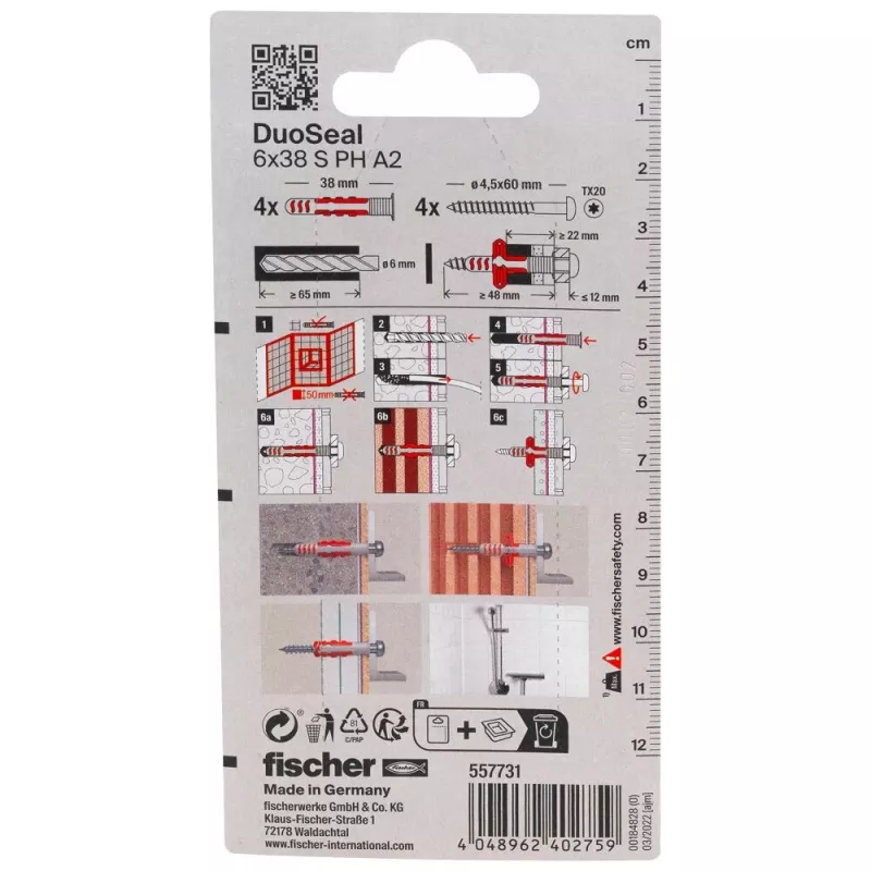 Conjunto de buchas fischer DuoSeal 6 x 38 S PH TX A2 K NV (4 unid.) 557731
