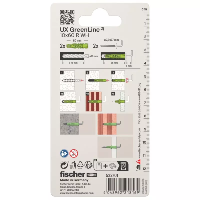 Fischer 532701 UX Green 10 x 60 R WH K NV Conjunto de buchas universais com parafuso e gancho em L, 10 mm x 60 mm, 1 conjunto