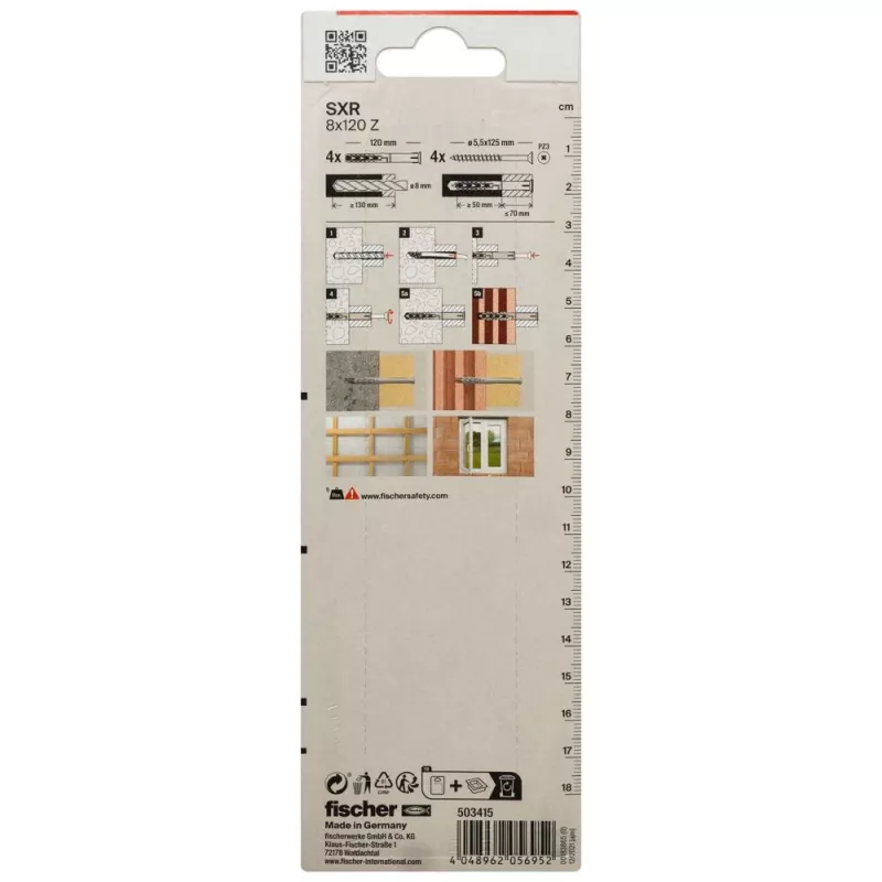Fischer SXR 8 x 120 Z K NV Bucha de haste longa com parafuso de cabeça escareada (PZ), 1 conjunto (503415)