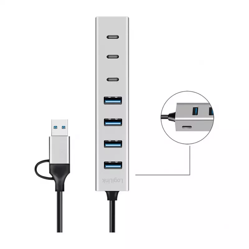 LogiLink Hub USB 3.0, 7 portas, 4x USB-A 3x USB-C, caixa de alumínio