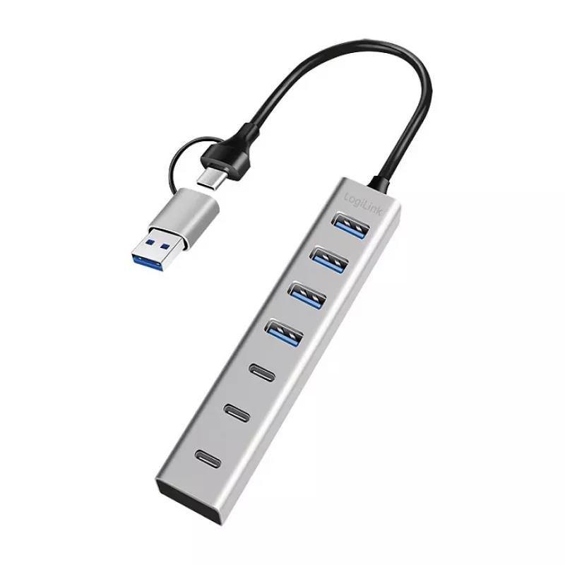LogiLink Hub USB 3.0, 7 portas, 4x USB-A 3x USB-C, caixa de alumínio