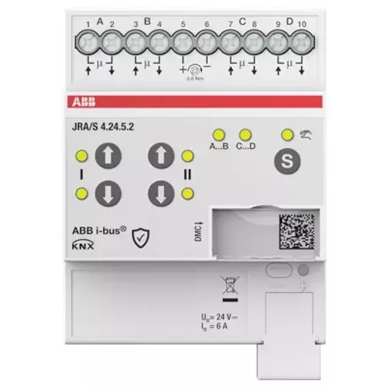 ABB JRA/S4.24.5.2 Atuador KNX para estores/persianas, 4 canais, 24V AC/DC, operação manual, calha DIN 2CDG110298R0011
