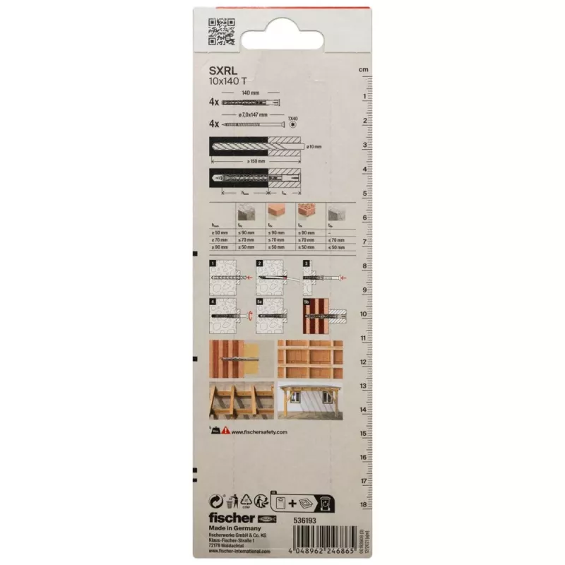 Fischer SXRL 10 x 140 T K NV Bucha de haste longa com parafuso de cabeça escareada, 1 conjunto (536193)