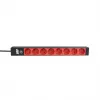 EFB Elektronik EK631CD.1V2 PDU para rack 19 polegadas 1U, 8 saídas CEE 7/3 vermelhas, entrada IEC C14, proteção contra sobrecarga 10 A, preto