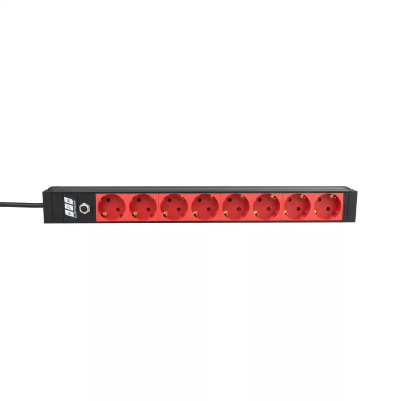 EFB Elektronik EK631CD.1V2 PDU para rack 19 polegadas 1U, 8 saídas CEE 7/3 vermelhas, entrada IEC C14, proteção contra sobrecarga 10 A, preto