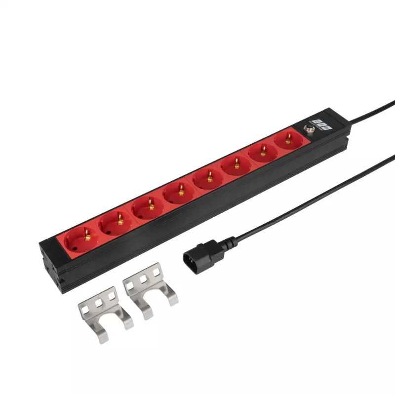 EFB Elektronik EK631CD.1V2 PDU para rack 19 polegadas 1U, 8 saídas CEE 7/3 vermelhas, entrada IEC C14, proteção contra sobrecarga 10 A, preto