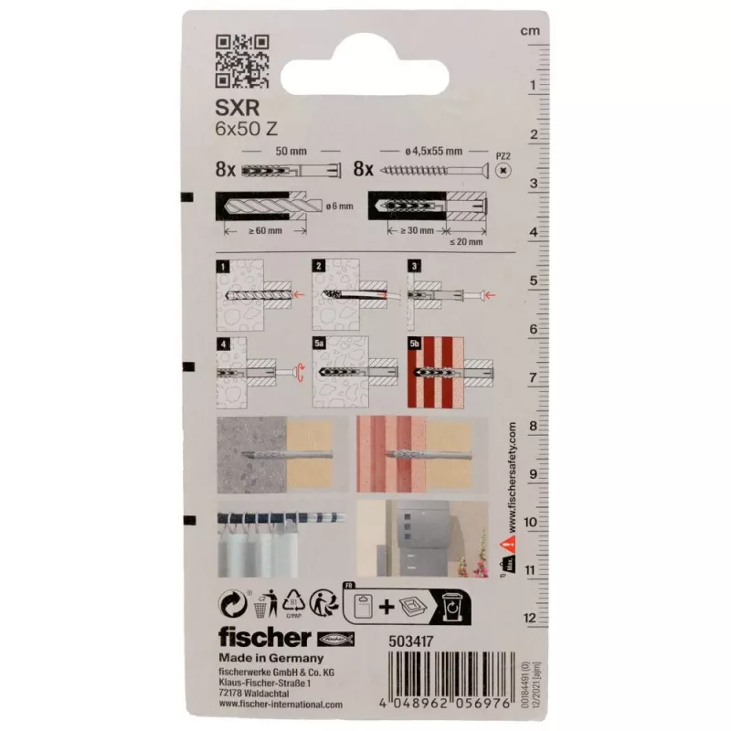 Bucha de fixação longa Fischer SXR 6 x 50 Z K NV com parafuso de cabeça escareada (PZ), 1 conjunto (503417)