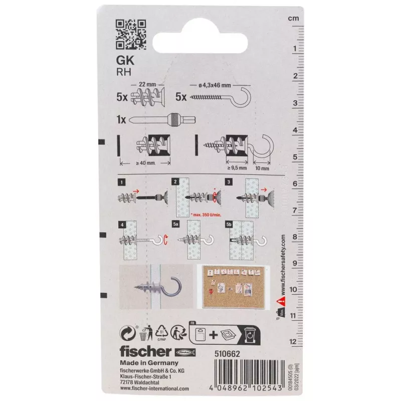 Bucha para pladur Fischer GK RH K NV com gancho redondo, 22 mm, 1 conjunto (510662)