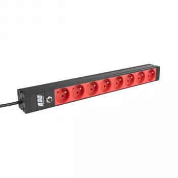 EFB ELEKTRONIK EK631CF.1V2 PDU para rack 19 polegadas 1U, 8 tomadas CEE 7/5 (tipo E) vermelhas, entrada IEC C14, proteção de sobrecarga 10A, preto