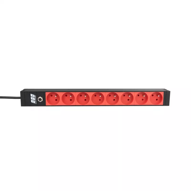 EFB ELEKTRONIK EK631CF.1V2 PDU para rack 19 polegadas 1U, 8 tomadas CEE 7/5 (tipo E) vermelhas, entrada IEC C14, proteção de sobrecarga 10A, preto