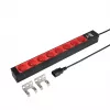 EFB ELEKTRONIK EK631CF.1V2 PDU para rack 19 polegadas 1U, 8 tomadas CEE 7/5 (tipo E) vermelhas, entrada IEC C14, proteção de sobrecarga 10A, preto